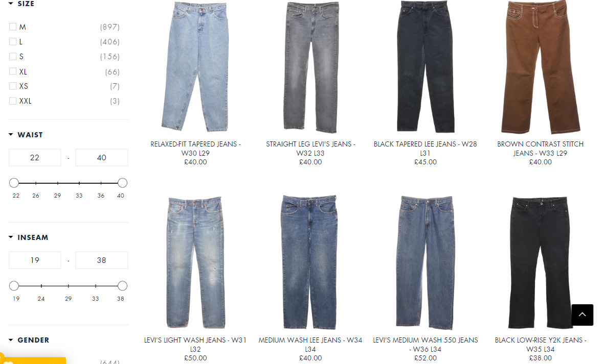 A selection of men's and women's jeans on a website.