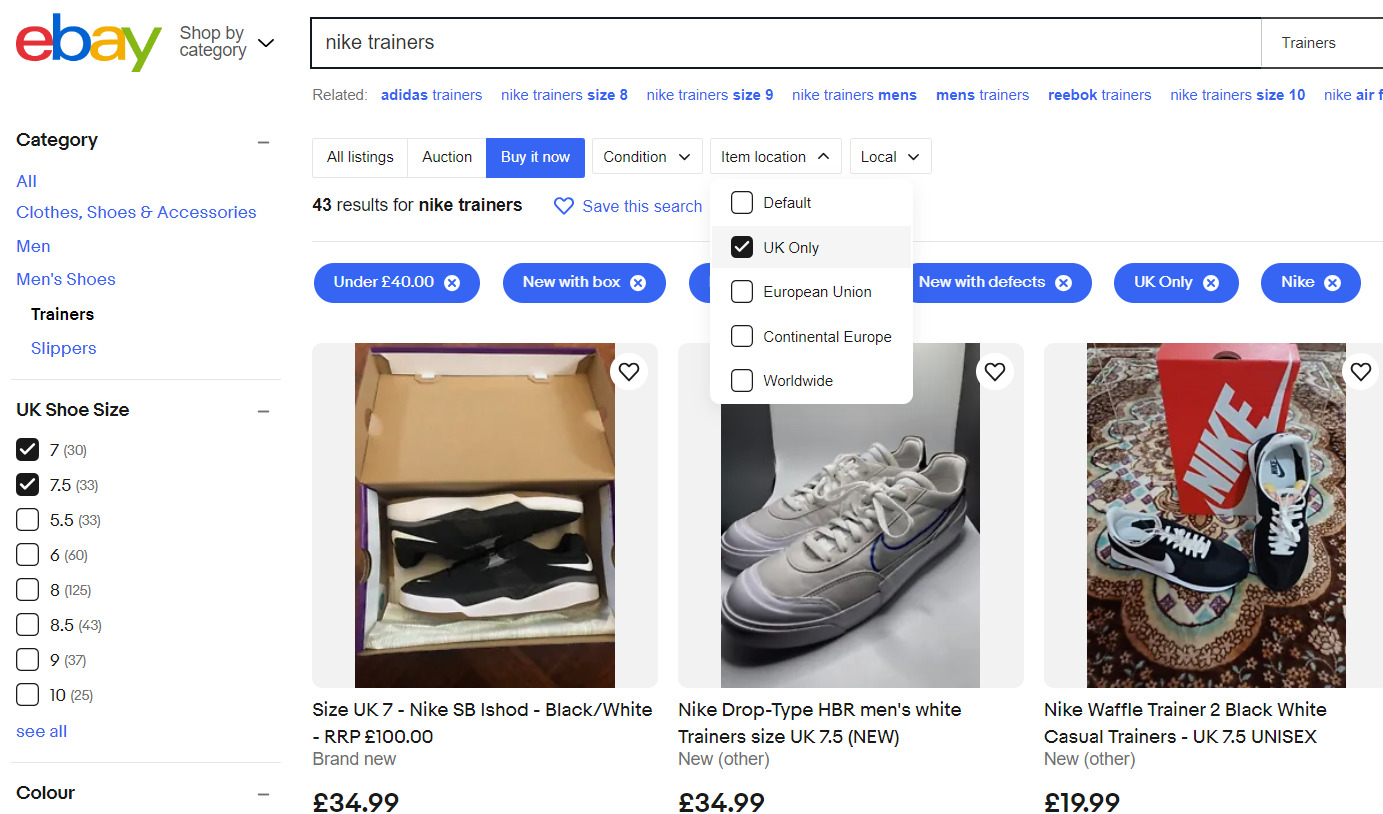 A screen shot of an ebay page showing a selection of shoes.
