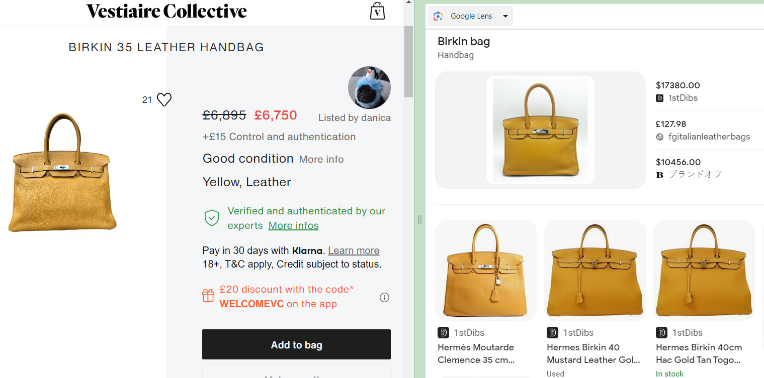 A screen shot of a hermes bag on a website.