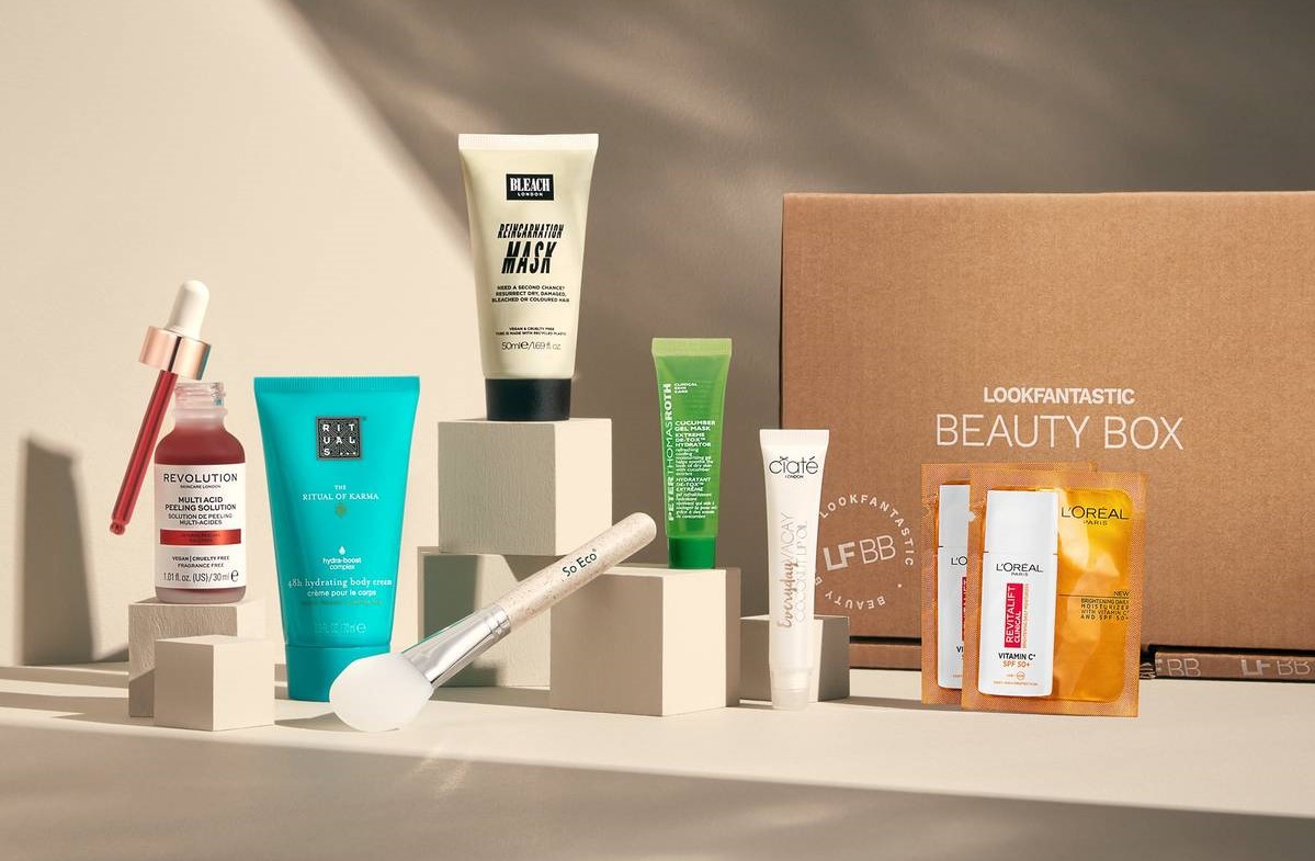 A LOOKFANTASTIC beauty box with a variety of products on a table.