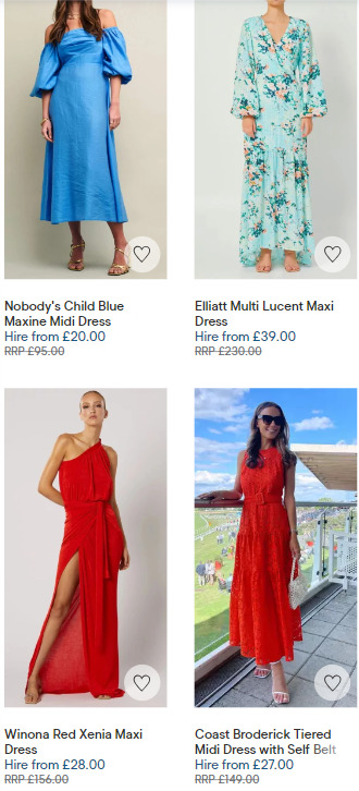 A selection of women's dresses on a website.