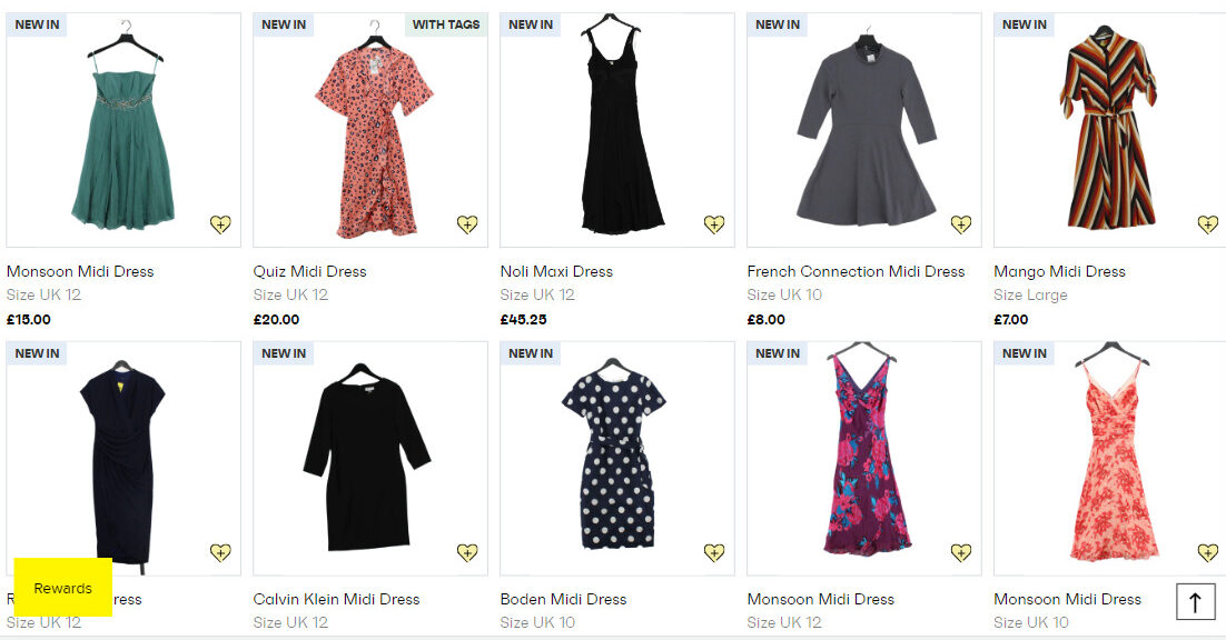 A screen shot of a website showing a variety of dresses.