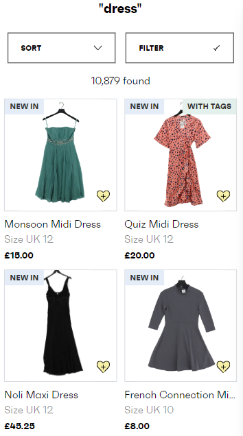 A screen shot of a website showing different types of dresses.