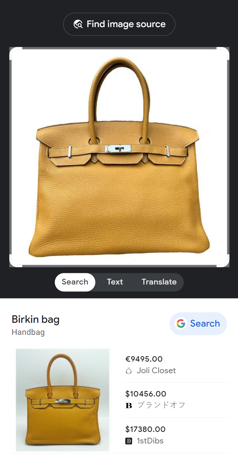 A picture of a yellow handbag on a google search page.