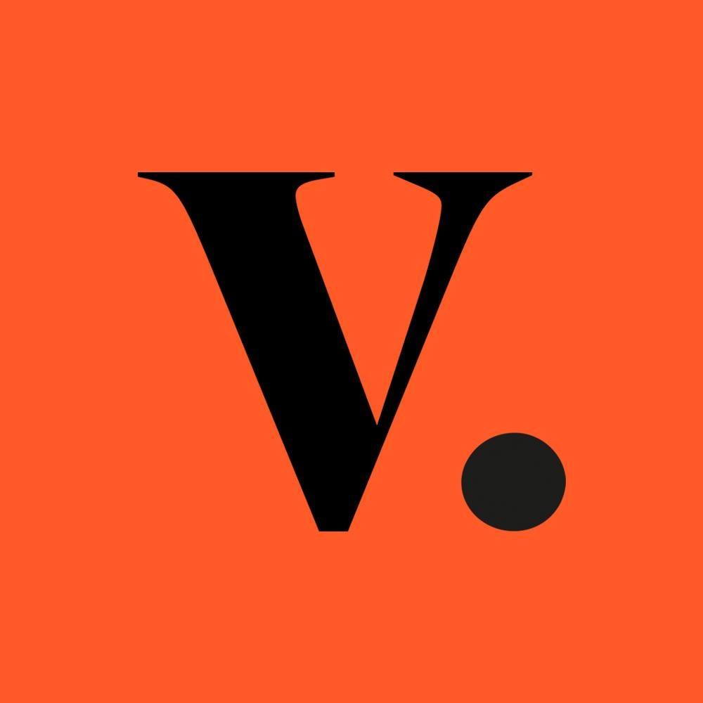 The letter v on an orange background.