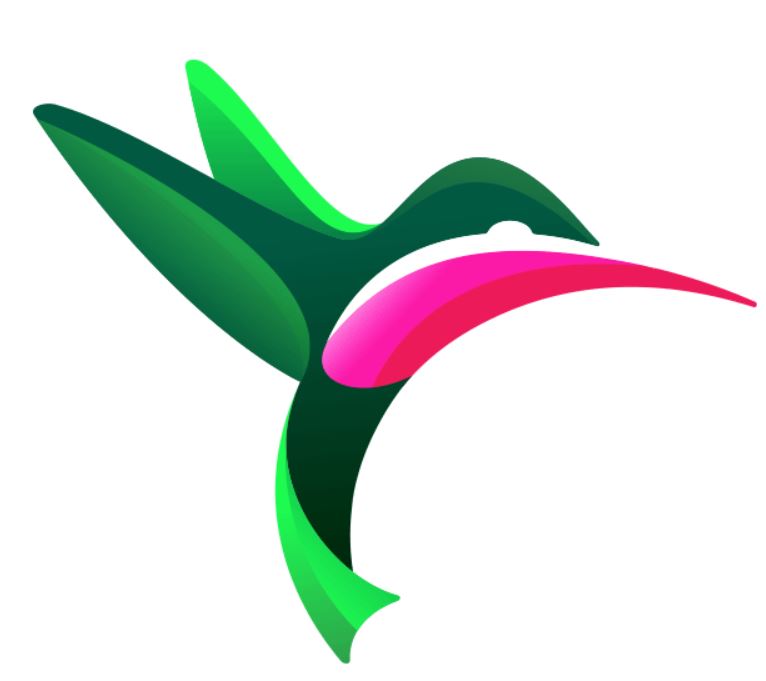 A colorful hummingbird logo on a white background.