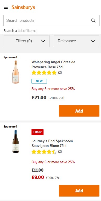 Sainsbury's wine deals mobile