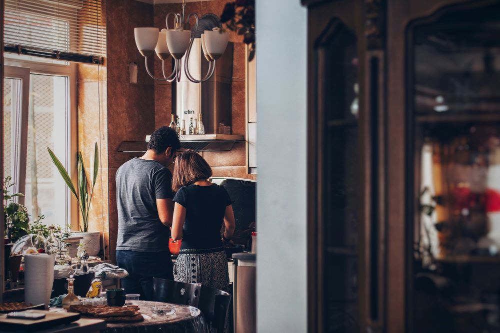 Couple cooking Valentines dinner together