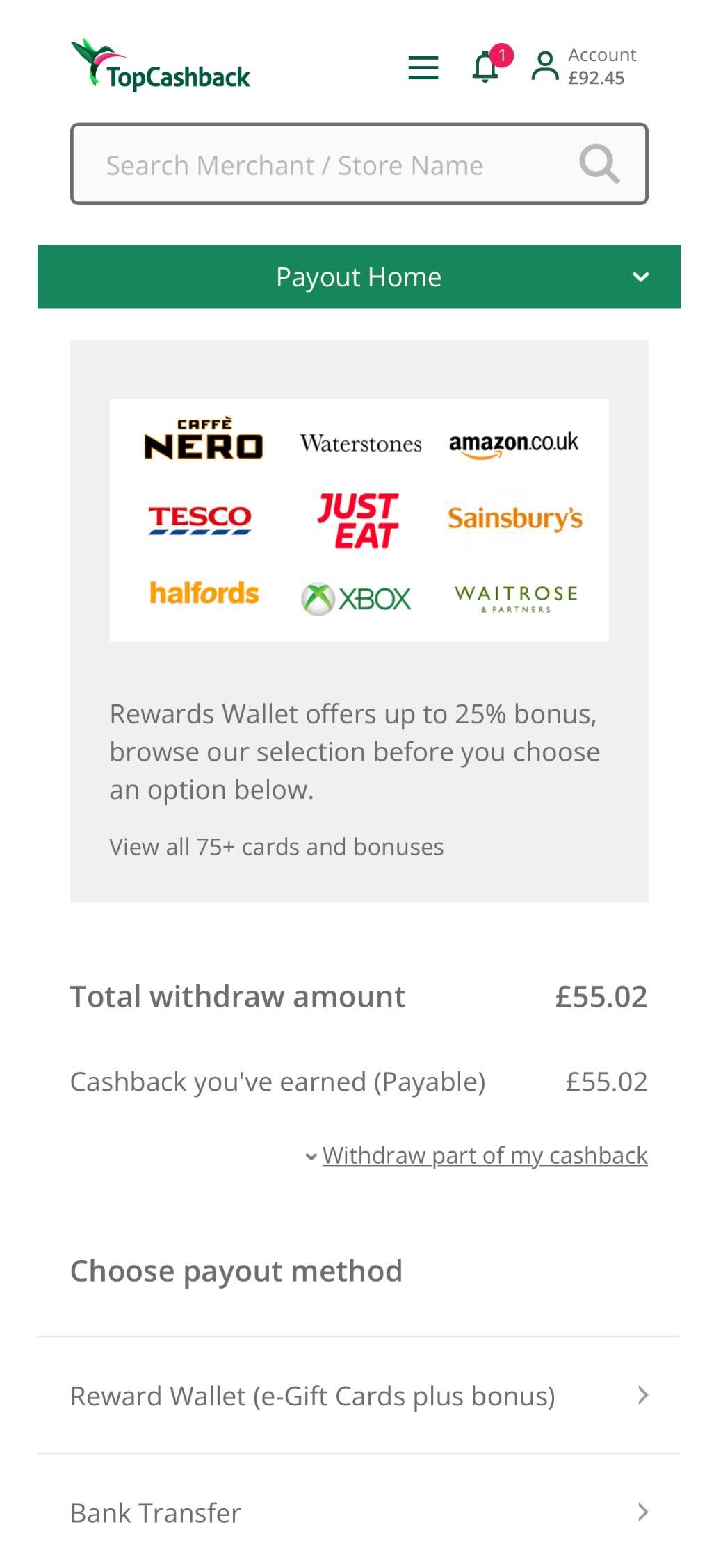Reward Wallet payout print screen