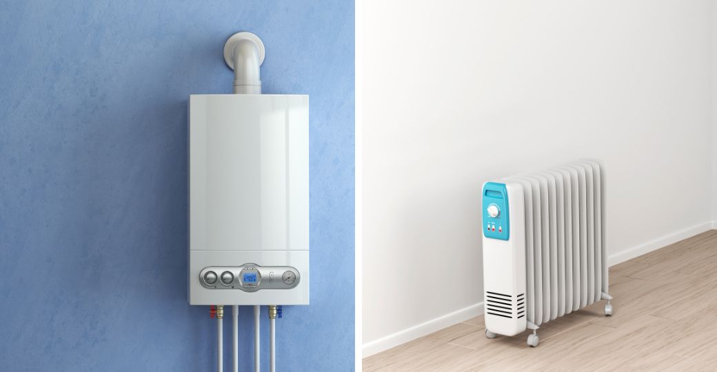 Two pictures of a hot water heater and a radiator.