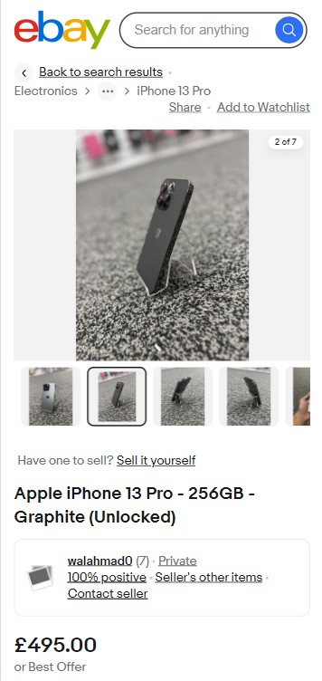 An ebay listing for an unlocked apple iphone 13 pro in graphite with 256gb storage priced at £495.00.