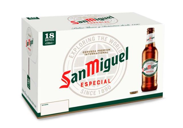 Pack of 18 san miguel especial beer bottles.