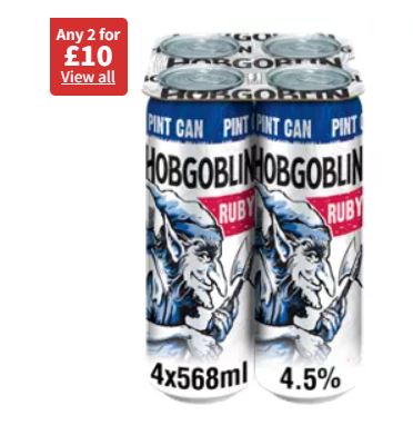 Four-pack of hobgoblin ruby beer cans on sale – two for £10.