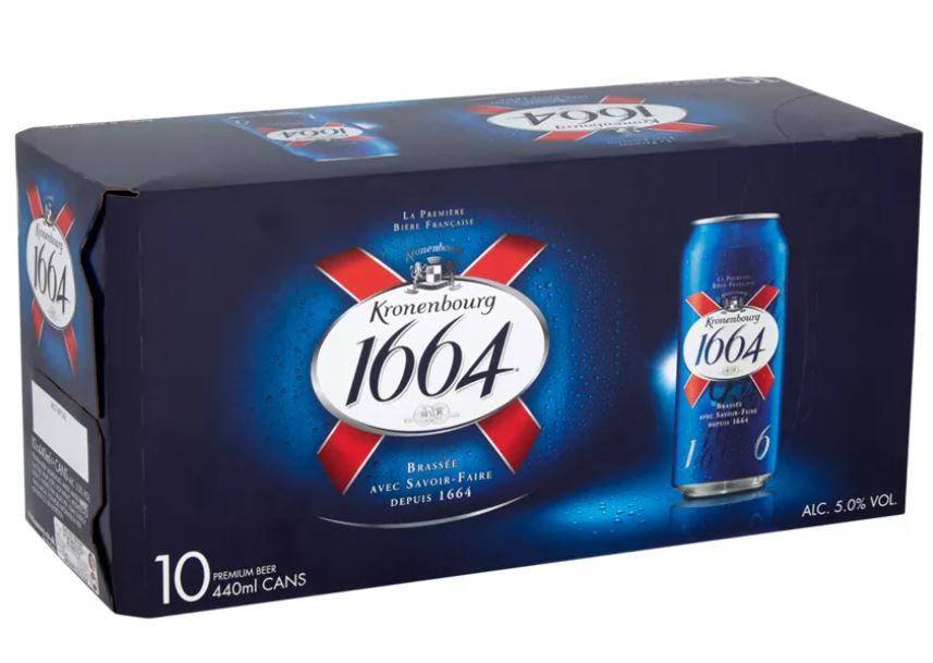 A 10-pack of kronenbourg 1664 beer cans.