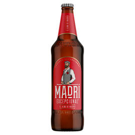 A bottle of madri excepcional beer with label detailing.