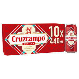 Pack of 10 cruzcampo beer cans, each containing 440 ml, with a single can displayed to the side.