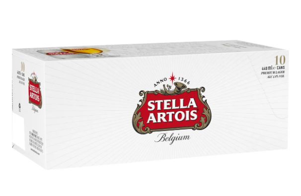Pack of 10 stella artois beer cans in a cardboard box.