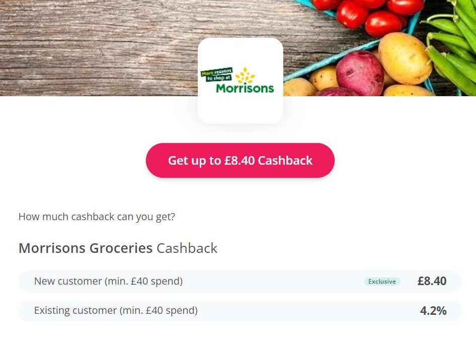 Promotional banner for morrisons groceries cashback offers with potential savings and shopping terms highlighted.