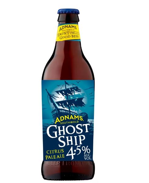 A bottle of adnams ghost ship citrus pale ale with a blue label featuring a ghostly ship illustration.