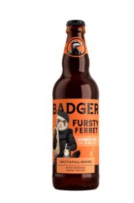 A bottle of badger fursty ferret amber ale against a white background.