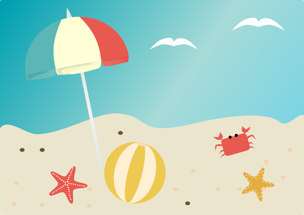 Illustration of a beach scene with a colorful umbrella, beach ball, two starfish, a crab, and flying birds on a sunny day.