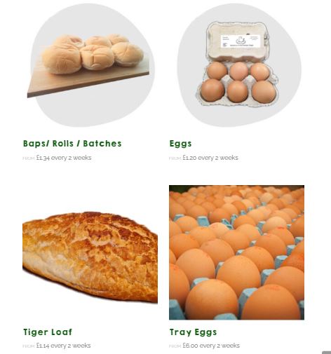 bread and eggs Image showing various grocery items including baps/rolls/batches, a carton of eggs, a tiger loaf, and a tray of eggs, each with respective prices and subscription options.