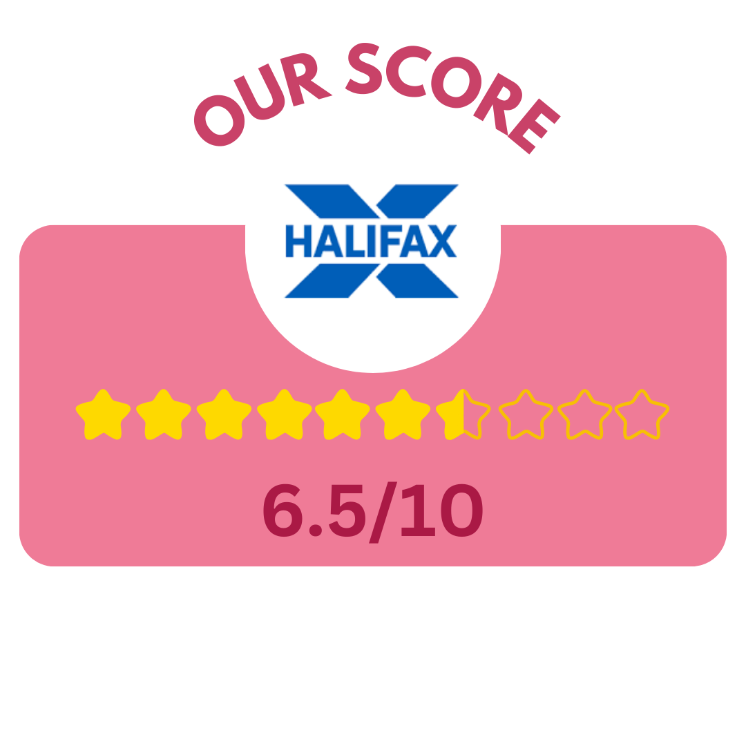 halifaxranking Pink rectangular graphic with the Halifax logo at the top. Below, it shows a rating of 6.5/10 with six and a half yellow stars out of ten. Text reads "OUR SCORE".