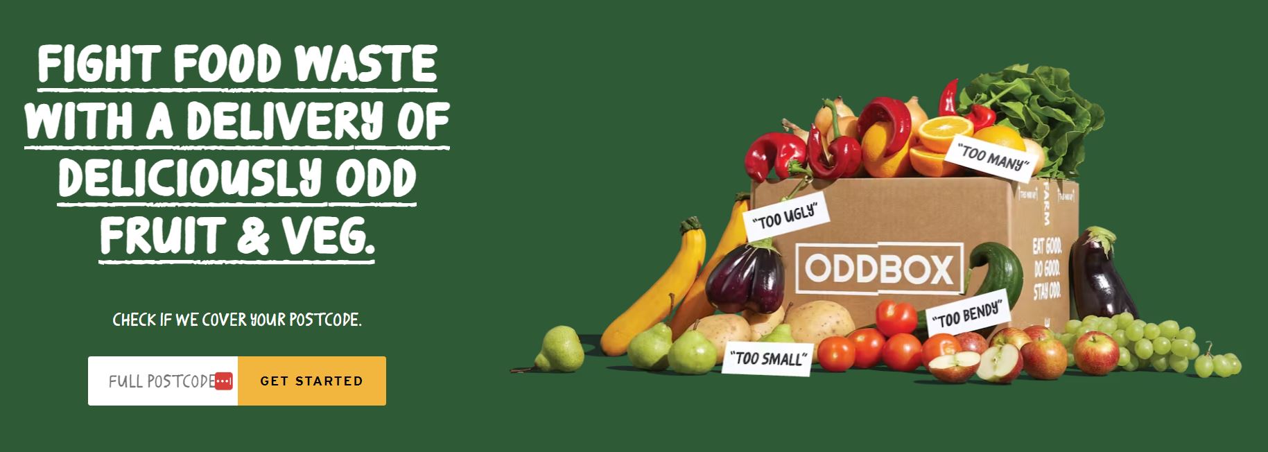 oddbox 1 desktop A green background with a cardboard box labeled "ODDBOX" containing various fruits and vegetables. The text reads: "FIGHT FOOD WASTE WITH A DELIVERY OF DELICIOUSLY ODD FRUIT & VEG.