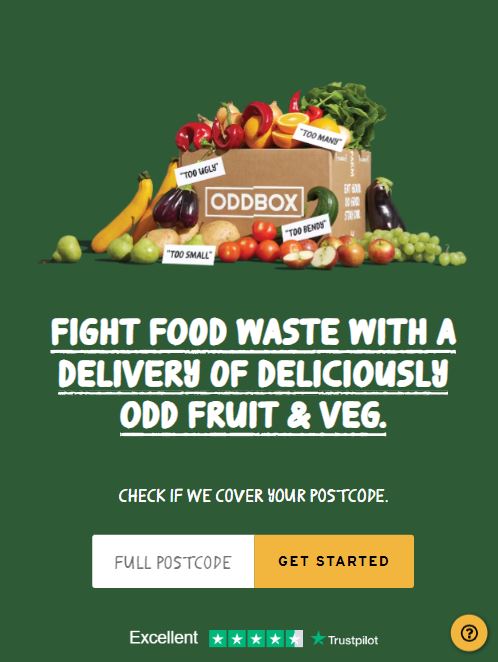 oddbox 1 mobile A box of assorted fruits and vegetables with the text "Oddbox" on it. The text reads, "Fight food waste with a delivery of deliciously odd fruit & veg. Check if we cover your postcode. Get started.