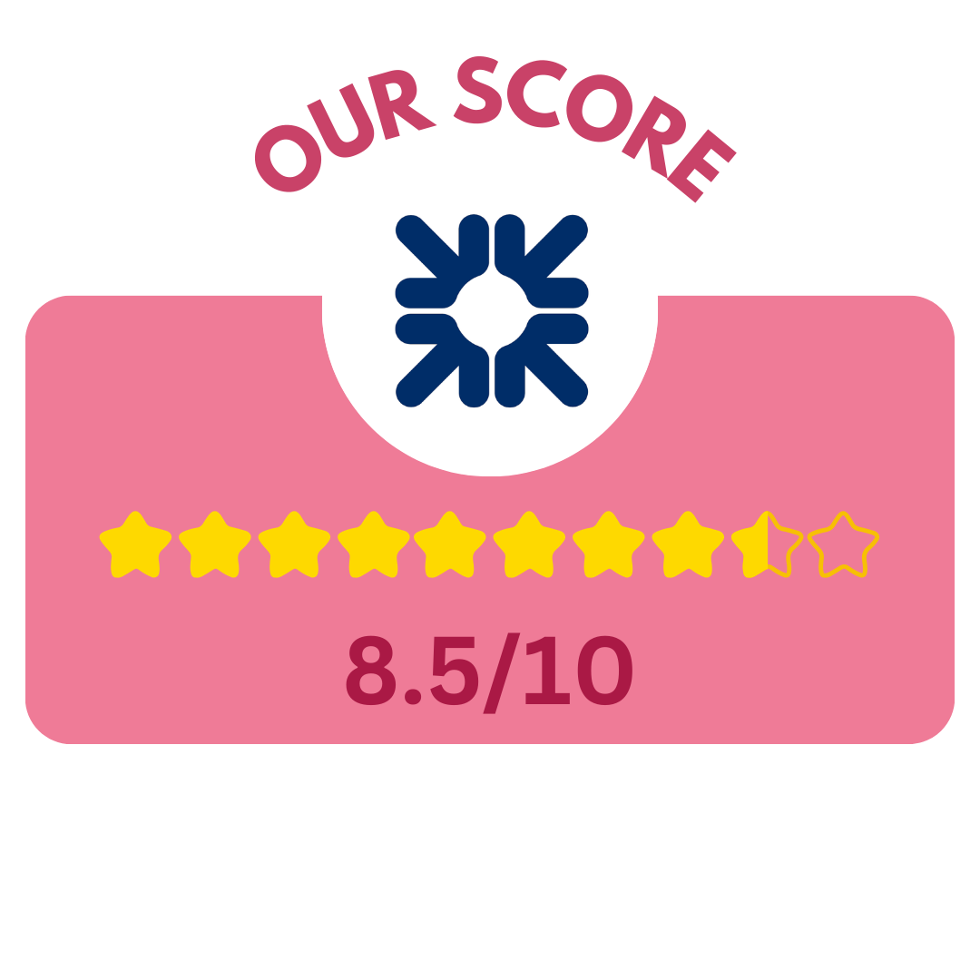 rbsrank An image with the text "Our Score" above a logo, nine full yellow stars, one outlined star, and the score "8.5/10" on a pink background.