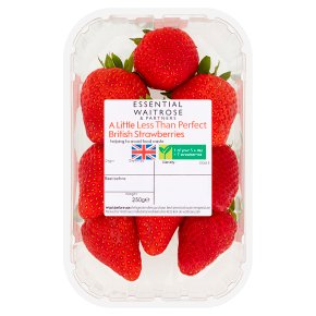 waitrose a little less than perfect A clear plastic box containing several red strawberries, labeled "Essential Waitrose A Little Less Than Perfect British Strawberries." The net weight is 250g.