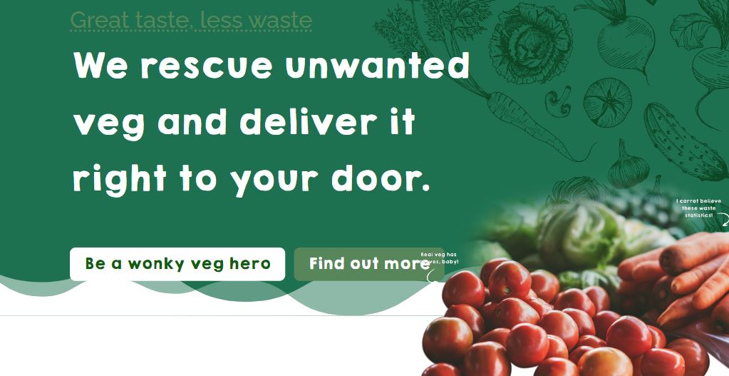 wonkyvegboxes main desktop Green and white banner with text: "We rescue unwanted veg and deliver it right to your door." Featuring illustrations of vegetables and a basket of tomatoes and other produce. Buttons read: "Be a wonky veg hero" and