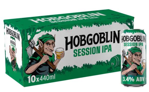 A case of Hobgoblin Session IPA, featuring a cartoon goblin holding an axe and a pint. Contains 10 cans of 440ml, each with 3.4% ABV.