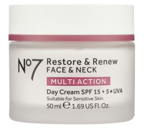 no7 boots £10 tuesday A jar of No7 Restore & Renew Face & Neck Multi Action Day Cream SPF 15, 50 ml, for sensitive skin.