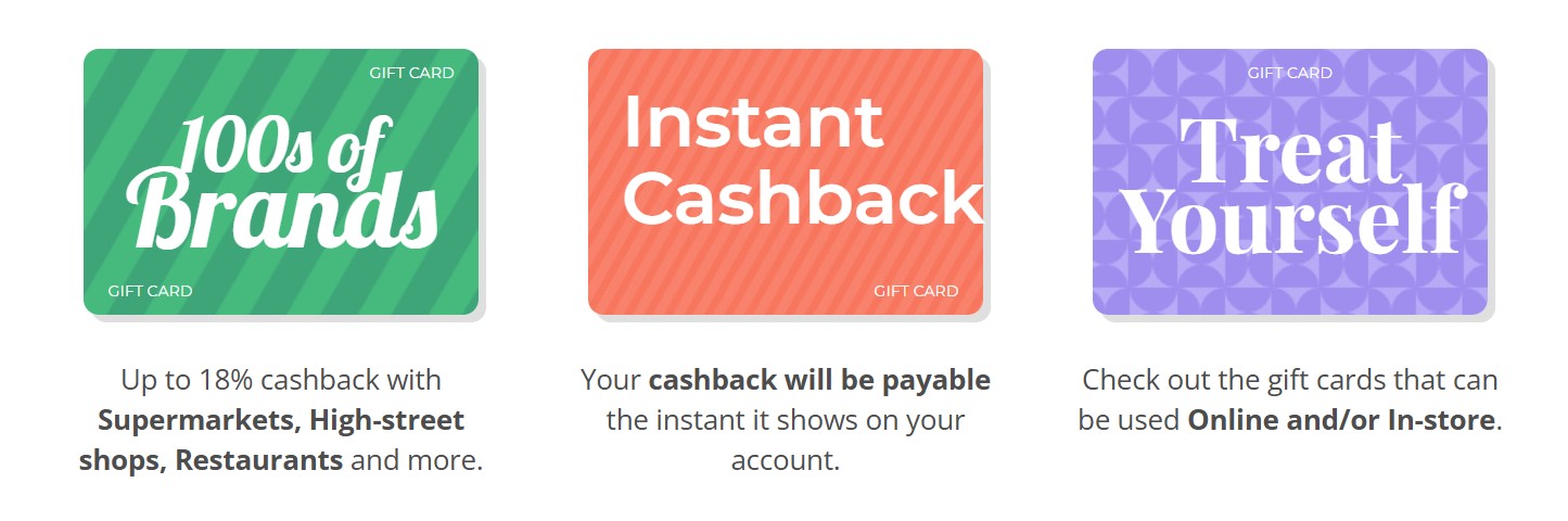 topgiftcards new image Three gift card advertisements: "100s of Brands," "Instant Cashback," and "Treat Yourself," with descriptions of cashback and usage options below each card.