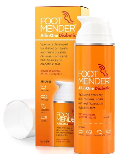 Orange and white packaging of Foot Mender All in One Diabetic cream, designed to treat dry skin, calluses, corns, and heel fissures on diabetics' feet.