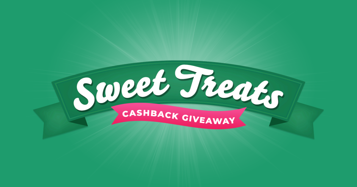 blog-moneyguides Green banner with "Sweet Treats" in white text, celebrating a "Cashback Giveaway 2025" in pink, on a vibrant green background with radial light rays.