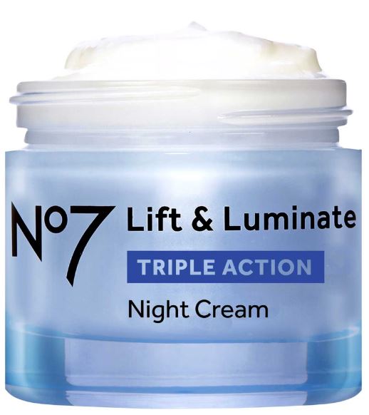 A jar of No7 Lift & Luminate Triple Action Night Cream with a light blue and white color scheme.