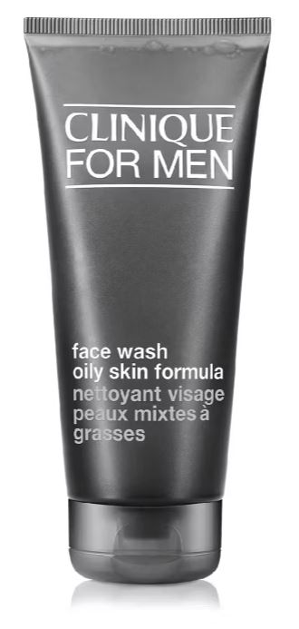 Gray tube labeled "Clinique for Men Face Wash, Oily Skin Formula," with bilingual text in English and French.