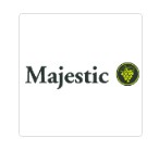 Majestic logo featuring black text and a yellow grape cluster inside a green circle on a white background.