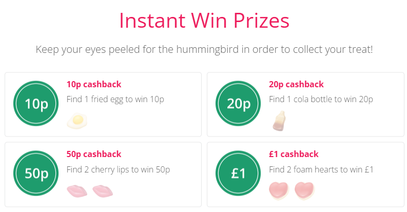 Screenshot of instant win prizes with cashback rewards for finding specific items, ranging from 10p to £1. Items include a fried egg, cola bottle, cherry lips, and foam hearts.