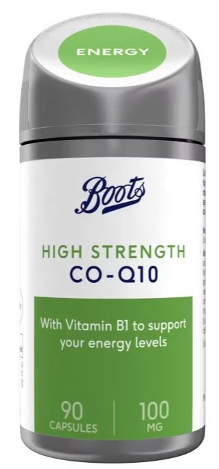 A bottle of Boots High Strength CO-Q10 with Vitamin B1, labeled for energy support. Contains 90 capsules, 100 mg each.