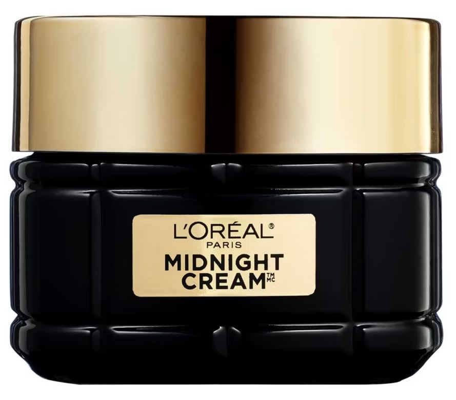 Black and gold jar of L'Oréal Paris Midnight Cream with a square label on the front.