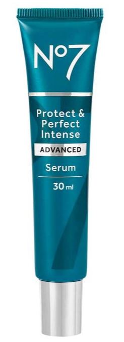 Blue tube labeled "No7 Protect & Perfect Intense Advanced Serum, 30 ml" with a silver cap against a white background.