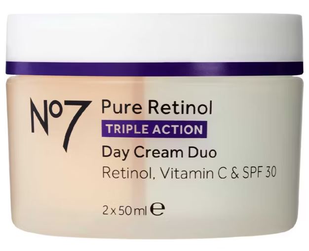 no7 pure retinol cream A jar of No7 Pure Retinol Triple Action Day Cream Duo, containing Retinol, Vitamin C, and SPF 30. Two 50ml units are indicated on the label.