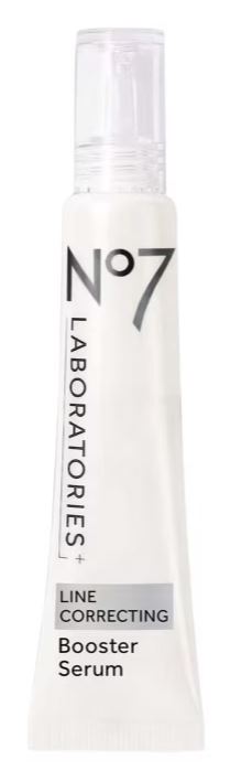 A white tube of No7 Laboratories Line Correcting Booster Serum with a clear cap.