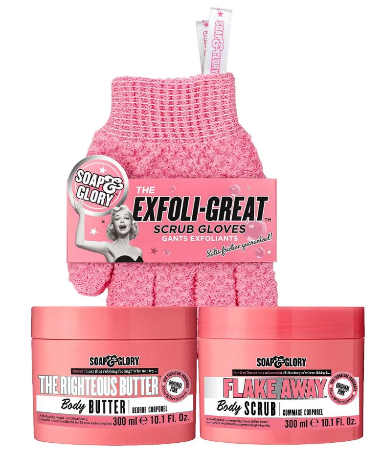 Pink Soap & Glory exfoliating scrub gloves with two containers: The Righteous Butter body butter and Flake Away body scrub, both in pink packaging.