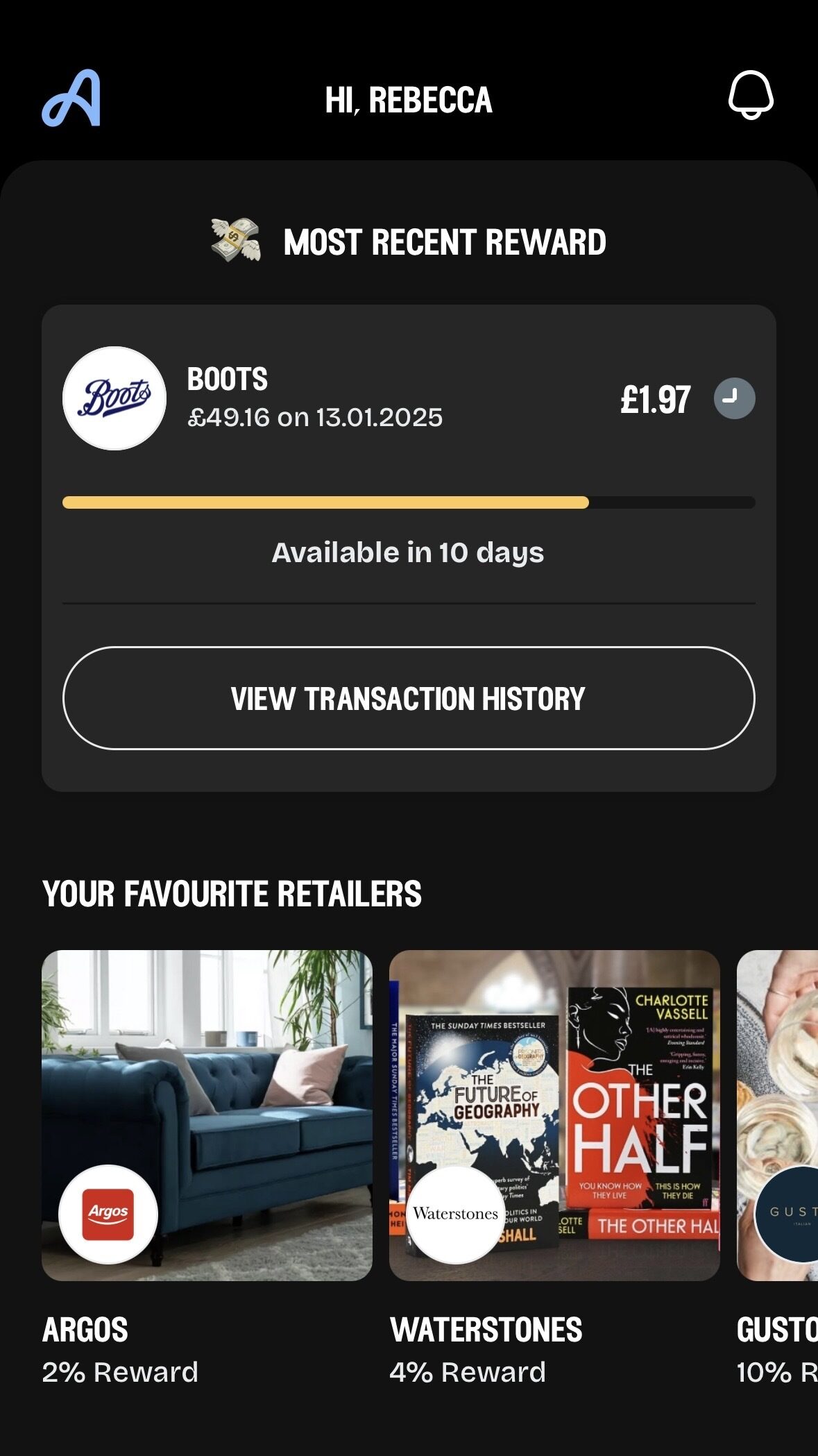 Airtime earnings A mobile app screen displays a rewards summary. The most recent reward is £1.97 from Boots, available in 10 days. Favorite retailers include Argos, Waterstones, and Gustos.