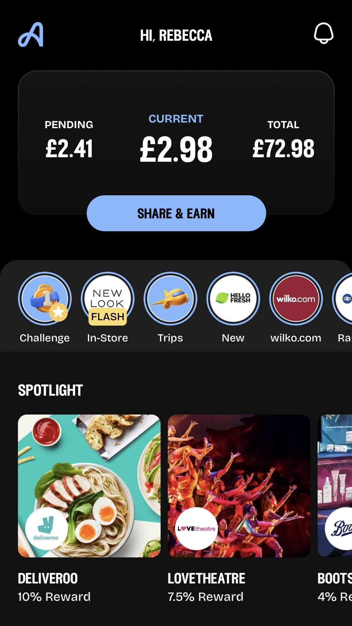 Airtime homepage A mobile app screen displays account balance, rewards, and various retail options, including Deliveroo and Lovetheatre, with respective cashback percentages.