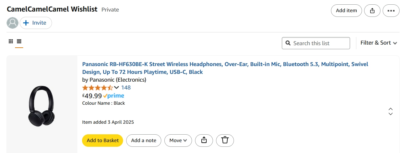 A screenshot showing an Amazon wishlist destined for CamelCamelCamel